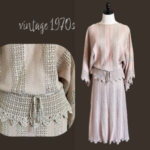 vintage 70s blush pink crochet boho skirt set size M